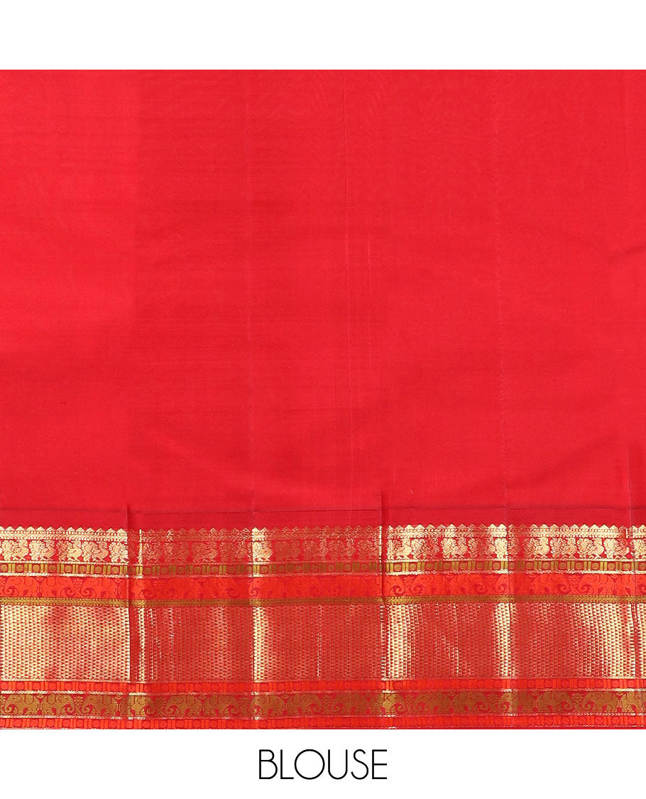 Blue zari buttas silk saree, contrast border of rekku,muthu,mayil,yaanai,rudraksham & ara maadam & circular motifs woven pallu