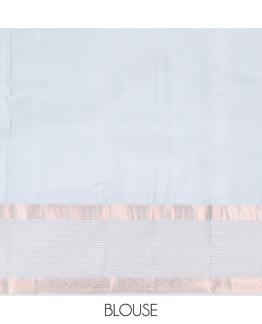 Blue floral zari buttas silk saree, contrast border of thilakam, muthu, ara maadam, kuyil kann, and vanki designs, and jaal pallu