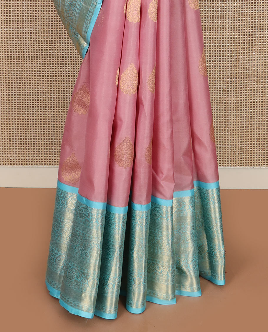 Pink zari buttas Vasundhara silk saree, contrast border of kodi visiry, and kodi manga designs, and jaal pallu