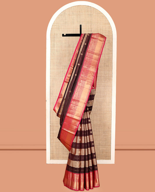 Brown Vasundhara Silk Saree, Woven with Zari Buttas and Stripes, Complemented by Contrast Border of Thilakam Mokku, Puli Nagam, and Kodi Visiry Designs, Vanki Pallu, and Contrast Blouse