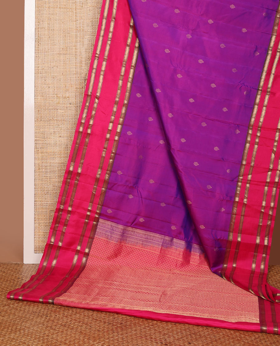 Purple zari buttas silk saree, contrast jaal pallu & zari rettai pettu border of traditional zari designs