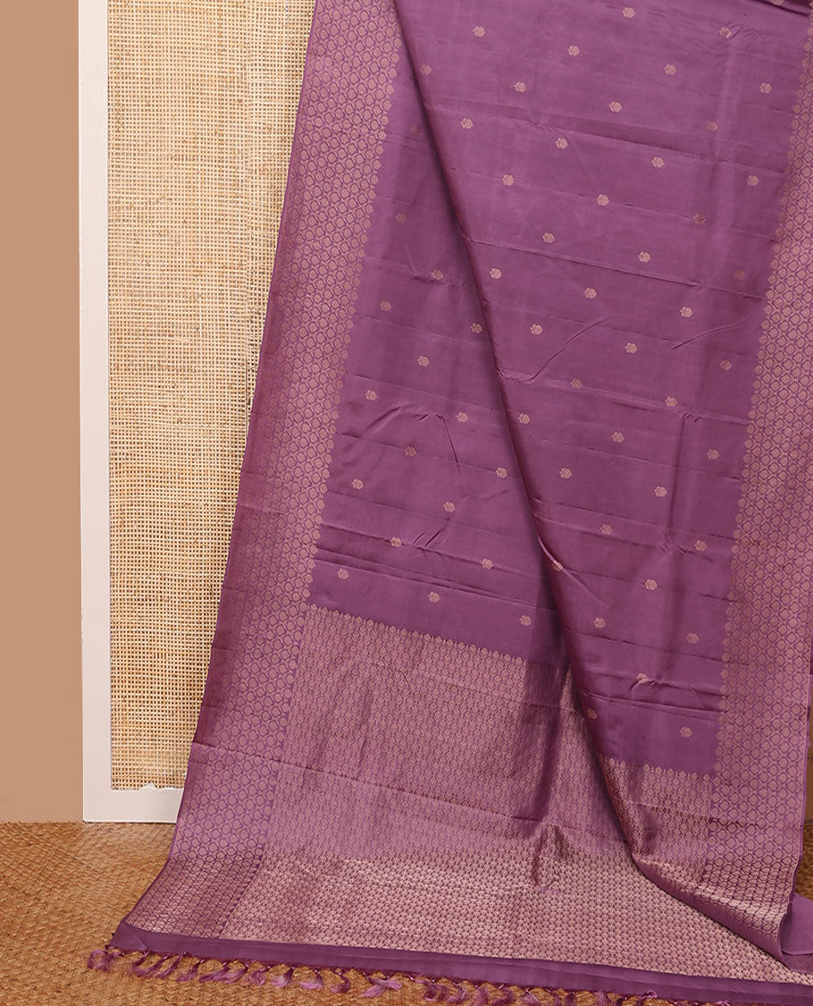 Purple silk saree with zari buttas, zari border & pallu of jaal designs in copper zari