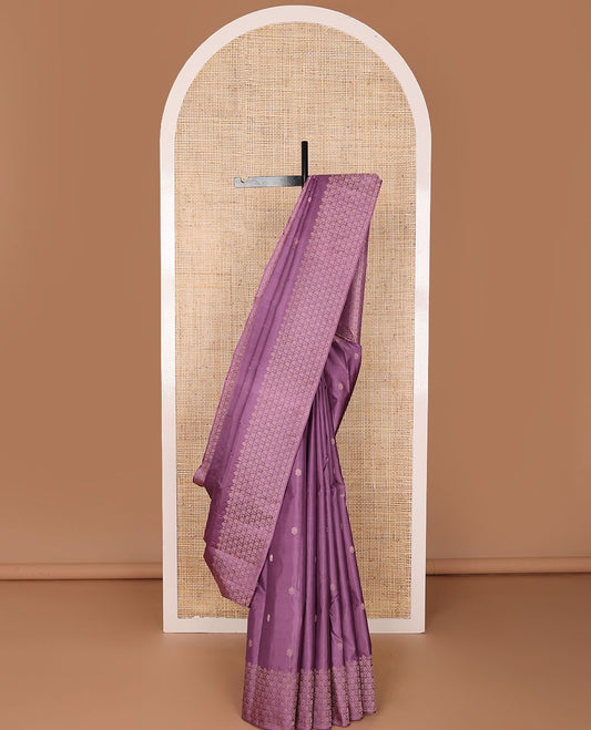 Purple silk saree with zari buttas, zari border & pallu of jaal designs in copper zari