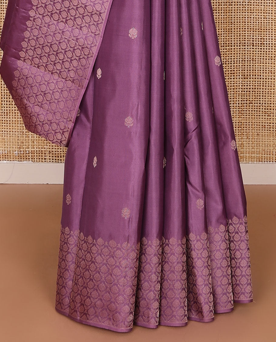 Purple silk saree with zari buttas, zari border & pallu of jaal designs in copper zari