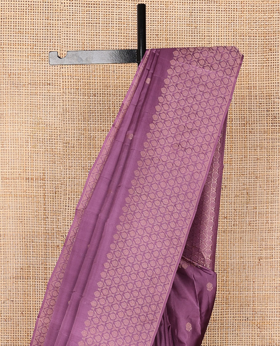 Purple silk saree with zari buttas, zari border & pallu of jaal designs in copper zari