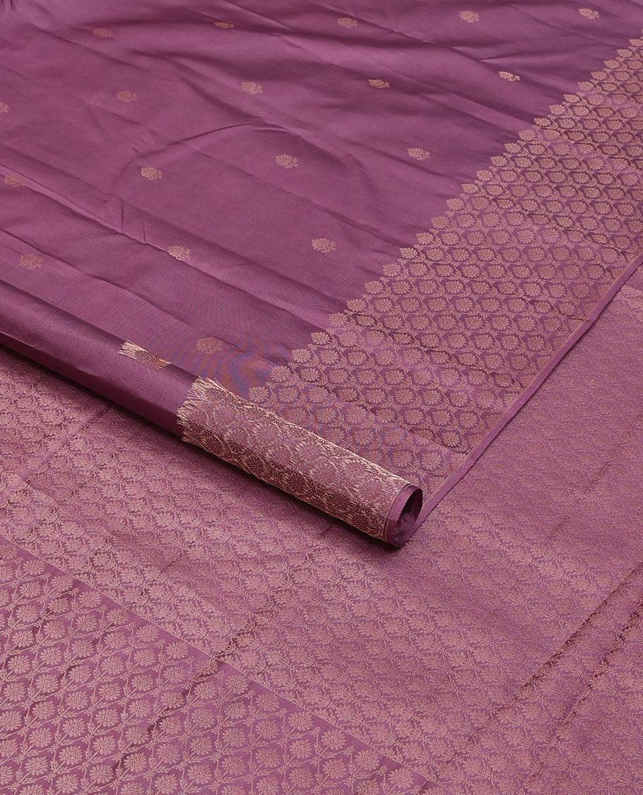 Purple silk saree with zari buttas, zari border & pallu of jaal designs in copper zari