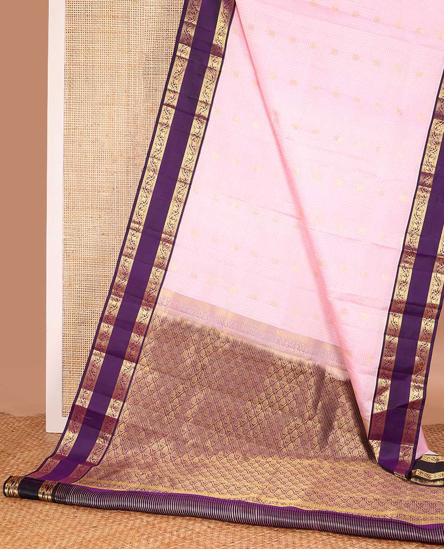 Baby pink zari buttas and checks silk saree, contrast rettai pettu border of banaras, and kodi visiry designs, and jaal pallu