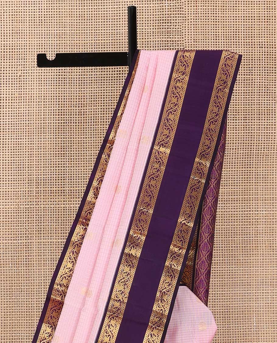 Baby pink zari buttas and checks silk saree, contrast rettai pettu border of banaras, and kodi visiry designs, and jaal pallu