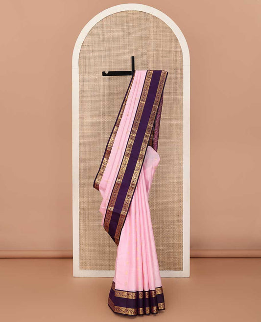 Baby pink zari buttas and checks silk saree, contrast rettai pettu border of banaras, and kodi visiry designs, and jaal pallu