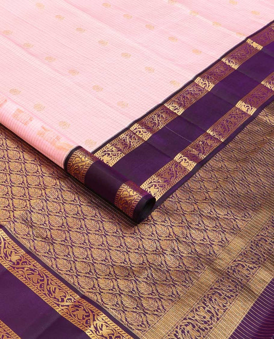 Baby pink zari buttas and checks silk saree, contrast rettai pettu border of banaras, and kodi visiry designs, and jaal pallu