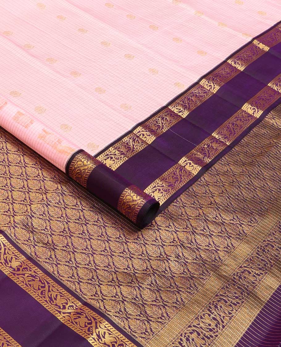Baby pink zari buttas and checks silk saree, contrast rettai pettu border of banaras, and kodi visiry designs, and jaal pallu