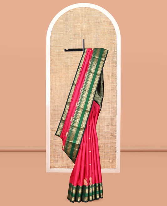 Red Vasundhara Silk Saree, Enriched with Zari Buttas, Contrast Border of Salngai, Muthu, Salngai, and Kofi Yaanai and Mayil Designs, Jaal Pallu, and Contrast Blouse