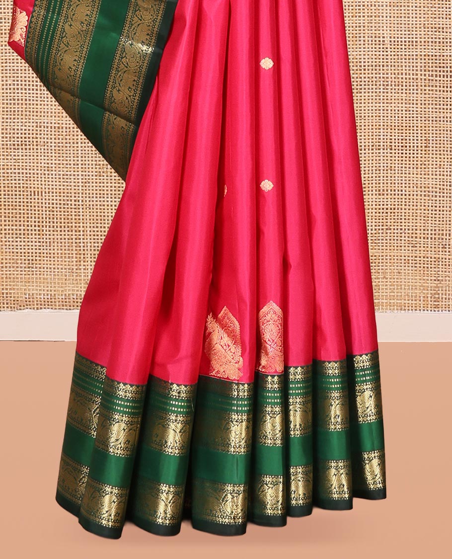 Red Vasundhara Silk Saree, Enriched with Zari Buttas, Contrast Border of Salngai, Muthu, Salngai, and Kofi Yaanai and Mayil Designs, Jaal Pallu, and Contrast Blouse