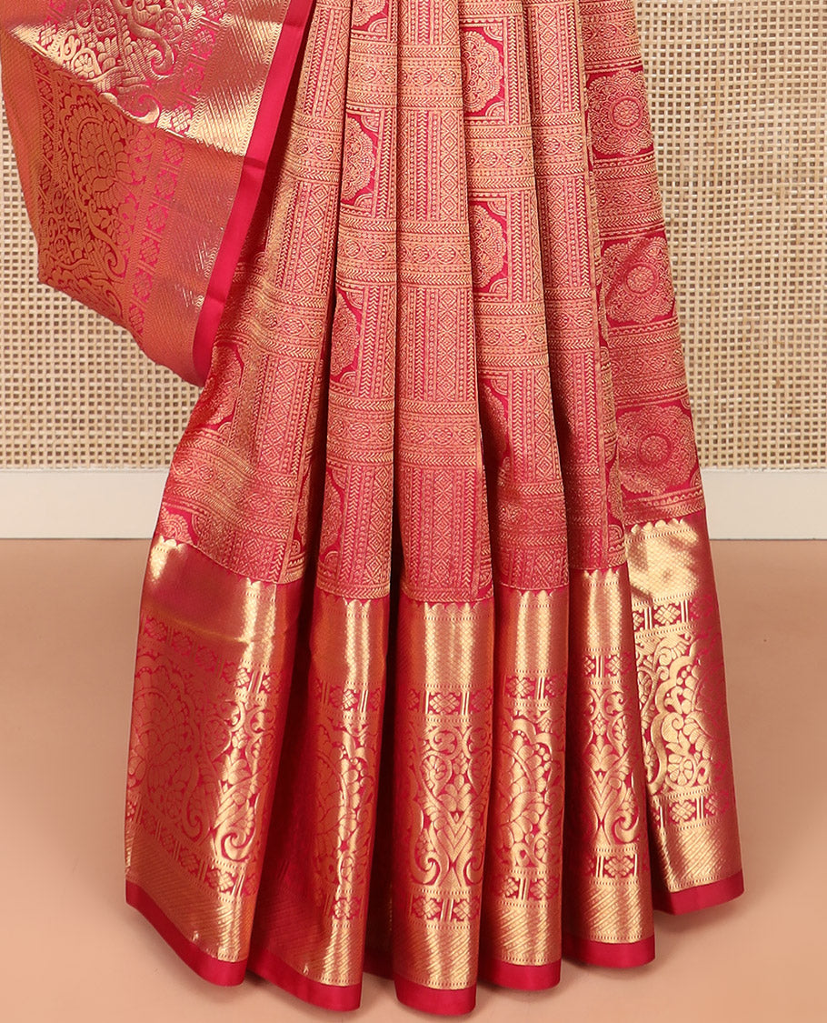 Red Kanchipuram Silk Saree Artfully Detailed with Jacquard Design, Highlighted with Zari Border of Thilakam, Muthu, Mayil Kann, Diamond, and Kamalam Designs, Gracefully Embellished Pallu, and Paired with a Matching Blouse