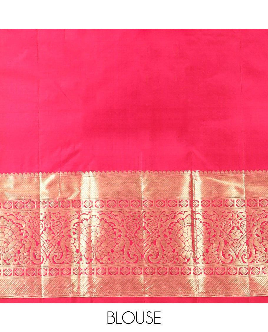 Red Kanchipuram Silk Saree Artfully Detailed with Jacquard Design, Highlighted with Zari Border of Thilakam, Muthu, Mayil Kann, Diamond, and Kamalam Designs, Gracefully Embellished Pallu, and Paired with a Matching Blouse