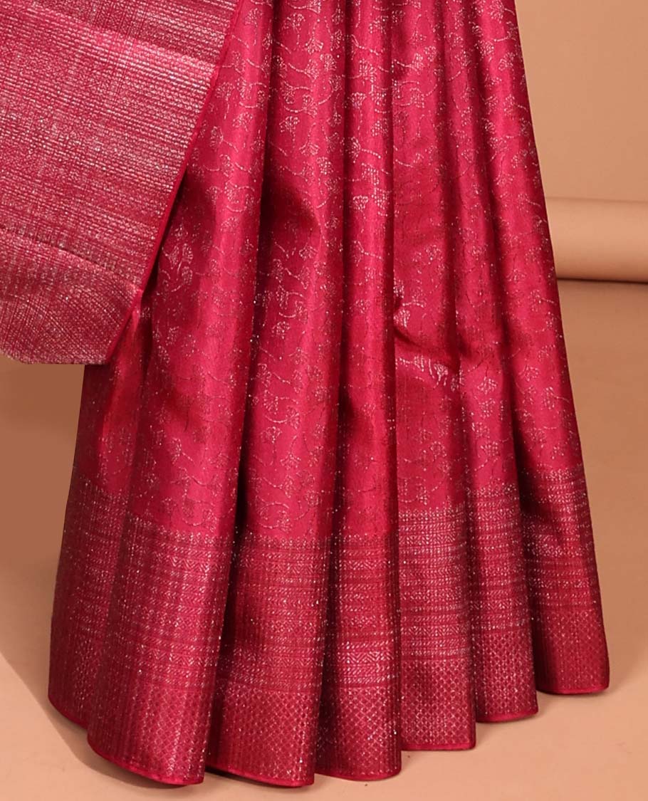 Red floral design kancheepuram silk saree with self striped border & striped floral pallu