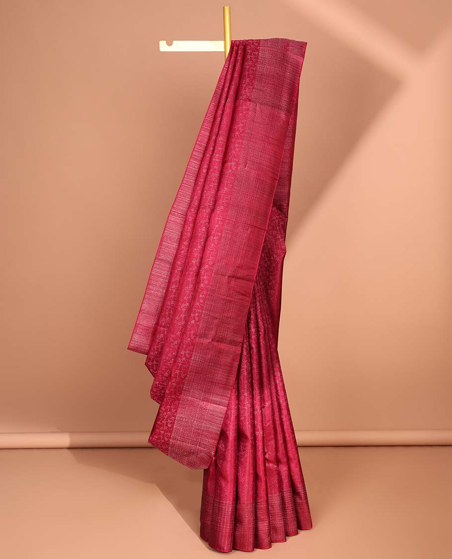 Red floral design kancheepuram silk saree with self striped border & striped floral pallu