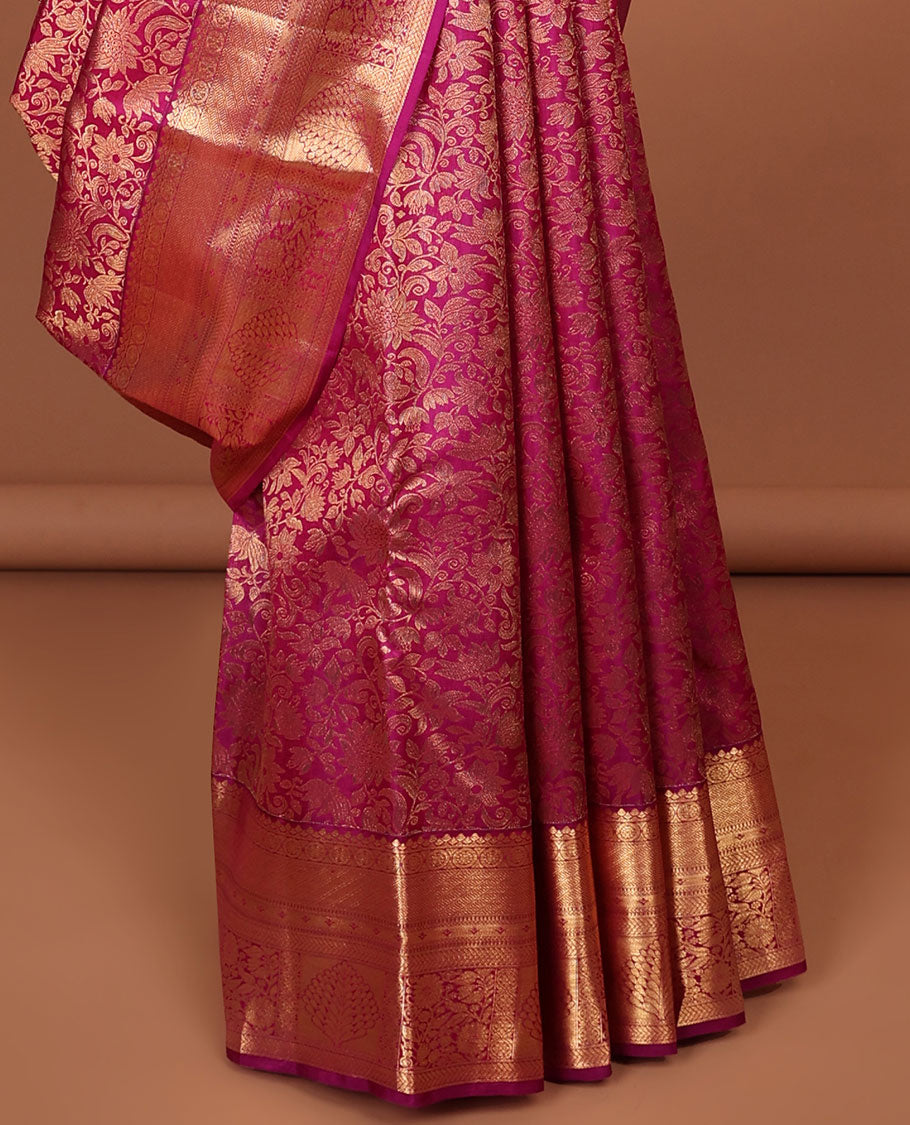 Pink  floral jacquard kancheepuram silk saree with self zari design border & intricate floral zari design pallu