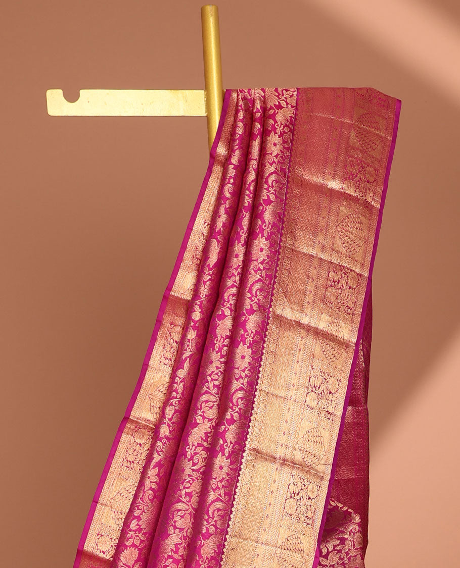 Pink  floral jacquard kancheepuram silk saree with self zari design border & intricate floral zari design pallu