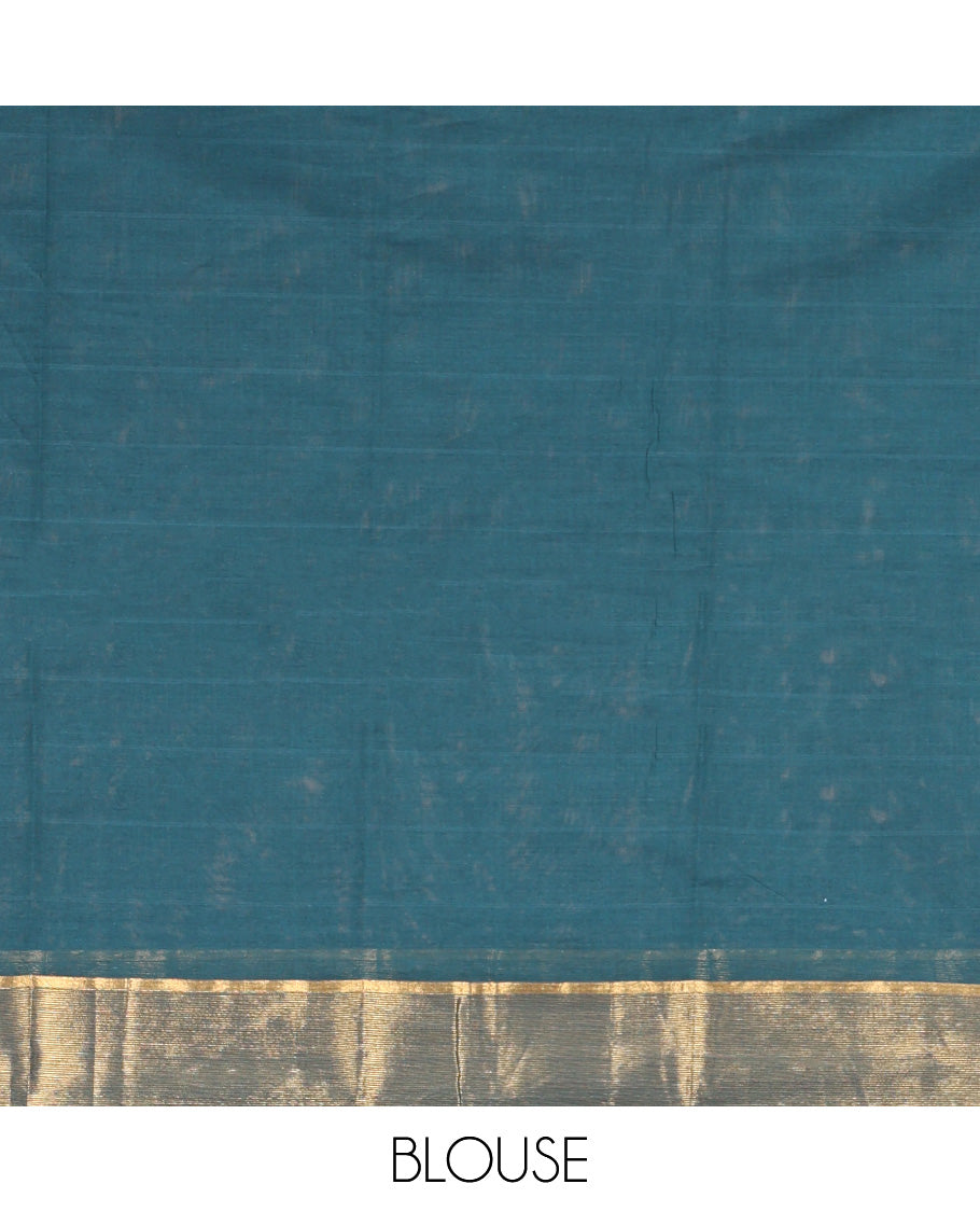 Blue Kanchi Cotton Saree, Embellished with Buttas on Its Body, a Subtle Zari Border, Pallu of Intricate Designs, and Paired with a Matching Blouse