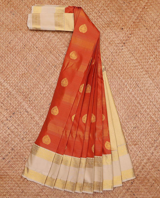 Orange zari design gift saree, contrast traditional zari rettai pettu border, and jaal pallu
