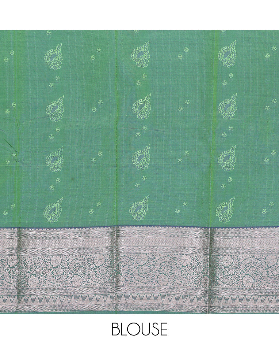 Green art silk pavadai set, zari design with contrast traditional zari bordered skirt and a contrast zari design blouse