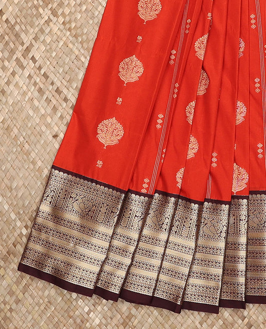 Dark orange zari buttas budget silk saree, contrast traditional zari design border, and jaal pallu