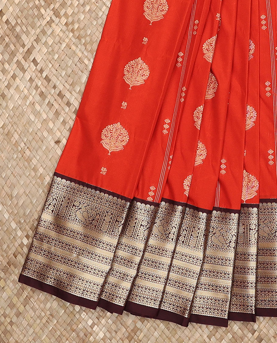 Dark orange zari buttas budget silk saree, contrast traditional zari design border, and jaal pallu