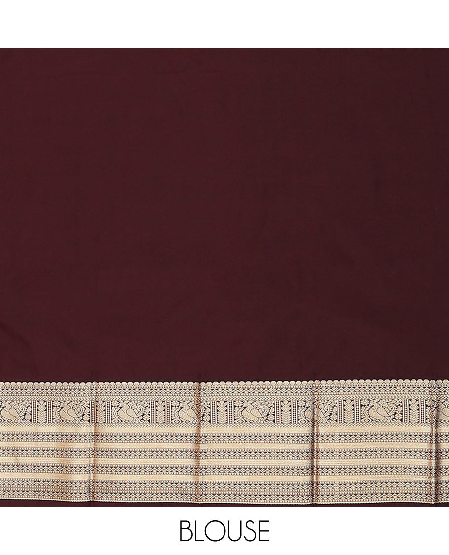 Dark orange zari buttas budget silk saree, contrast traditional zari design border, and jaal pallu