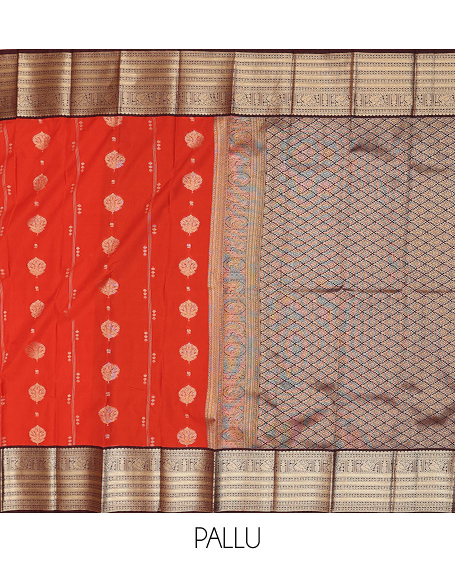 Dark orange zari buttas budget silk saree, contrast traditional zari design border, and jaal pallu