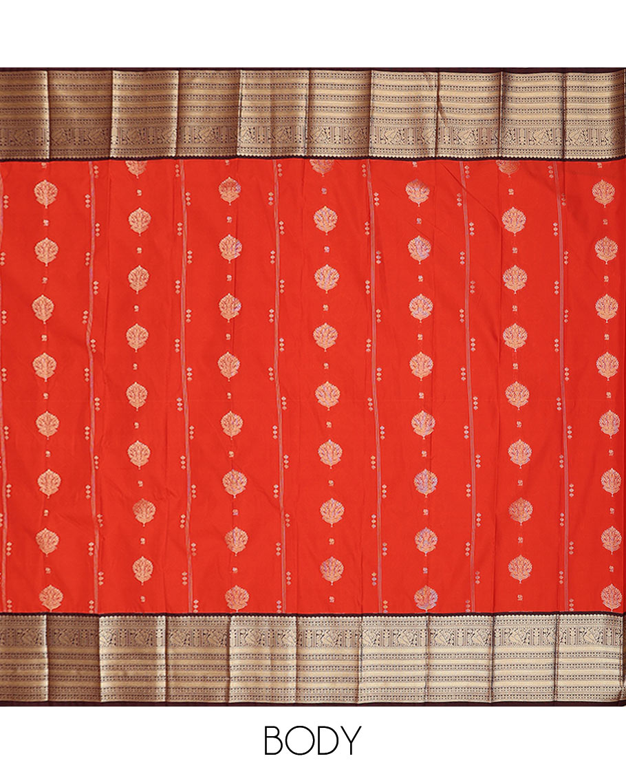 Dark orange zari buttas budget silk saree, contrast traditional zari design border, and jaal pallu