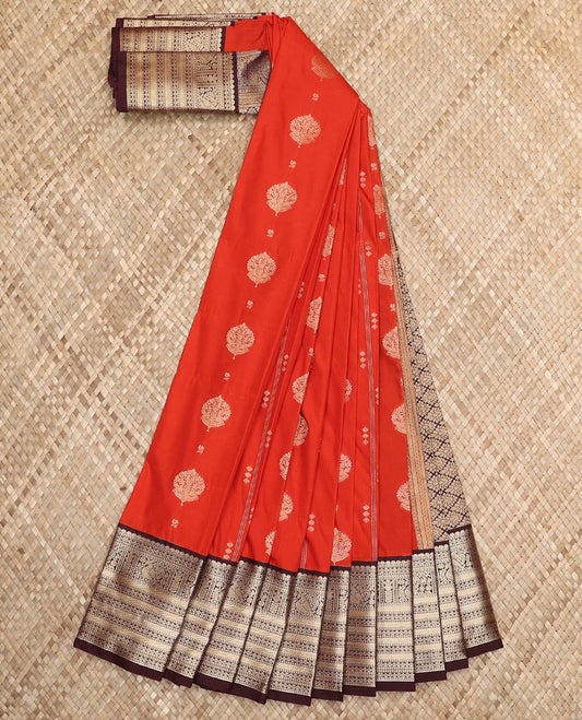 Dark orange zari buttas budget silk saree, contrast traditional zari design border, and jaal pallu
