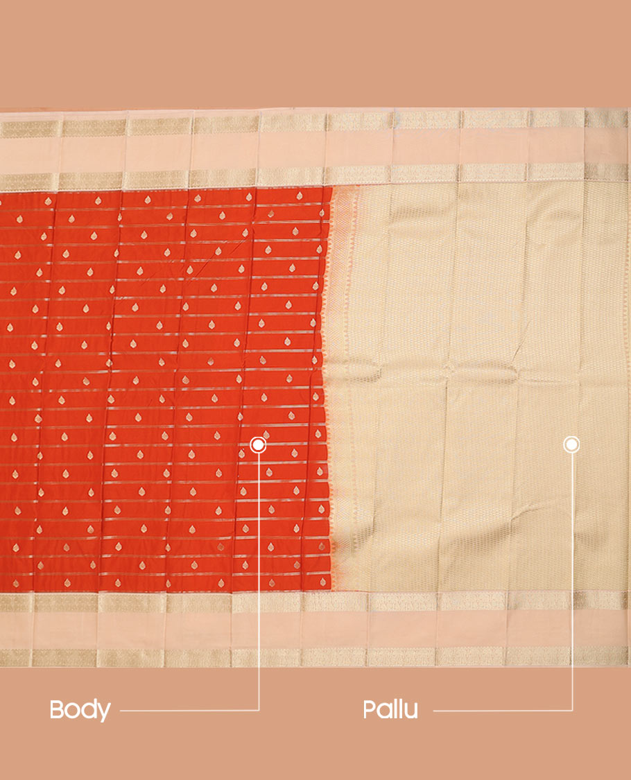 Orange Budget Silk Saree Enthralled with Zari Stripes and Zari Buttas, Highlighted with a Contrast Traditional Zari Border, Subtly Woven Jaal Pallu, and Paired with a Contrast Blouse