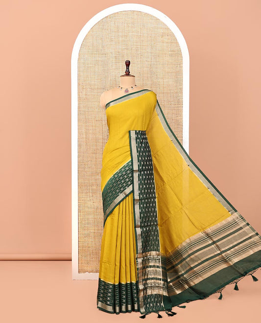 Yellow Plain Assam Silk Saree, Complemented by a Contrast Traditional Zari Border, Zari-Design Pallu, and a Contrast Blouse