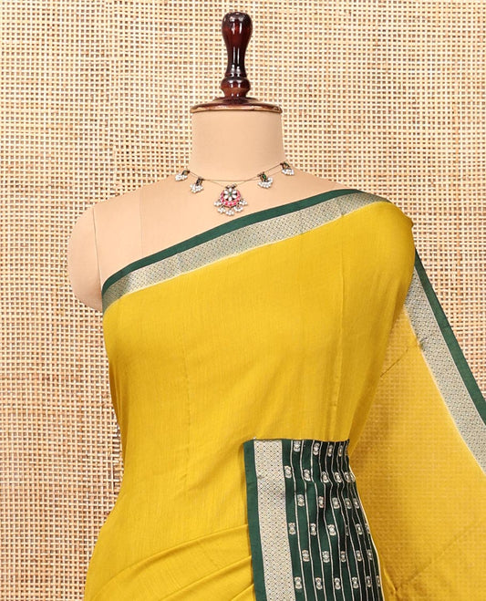 Yellow Plain Assam Silk Saree, Complemented by a Contrast Traditional Zari Border, Zari-Design Pallu, and a Contrast Blouse