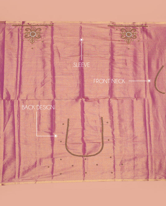 Light Purple Aari Blouse Material, Bedecked with Unique Pattern Sugar Bead Embroidery on Its Sleeves, and Subtle Sugar Bead Work on Its Back and Front Neck