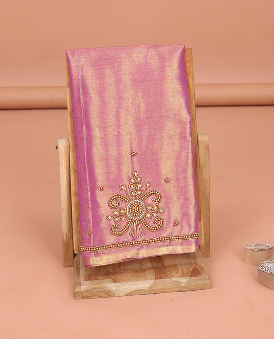 Light Purple Aari Blouse Material, Bedecked with Unique Pattern Sugar Bead Embroidery on Its Sleeves, and Subtle Sugar Bead Work on Its Back and Front Neck