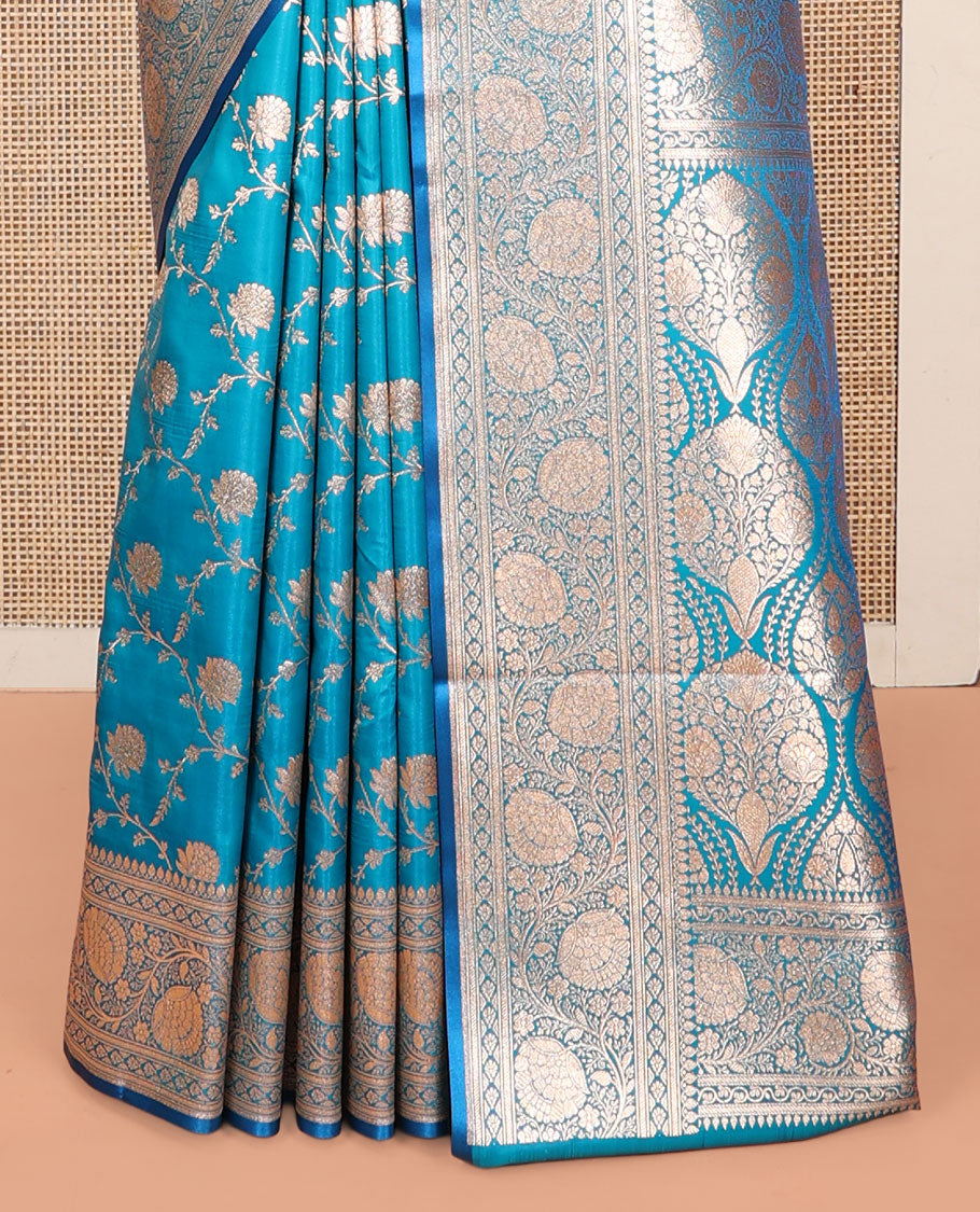 Light Blue Banarasi Nylon Saree, Detailed with Jacquard, a Floral Creeper Zari Border, Intricate Pallu, and a Matching Blouse