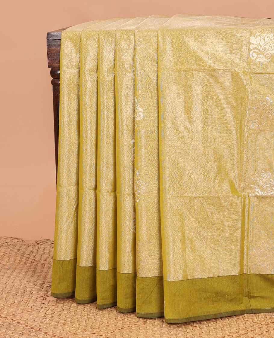 Gleaming yellow zari buttas semi-silk cotton saree, contrast zari woven border, and contrast intricate pallu