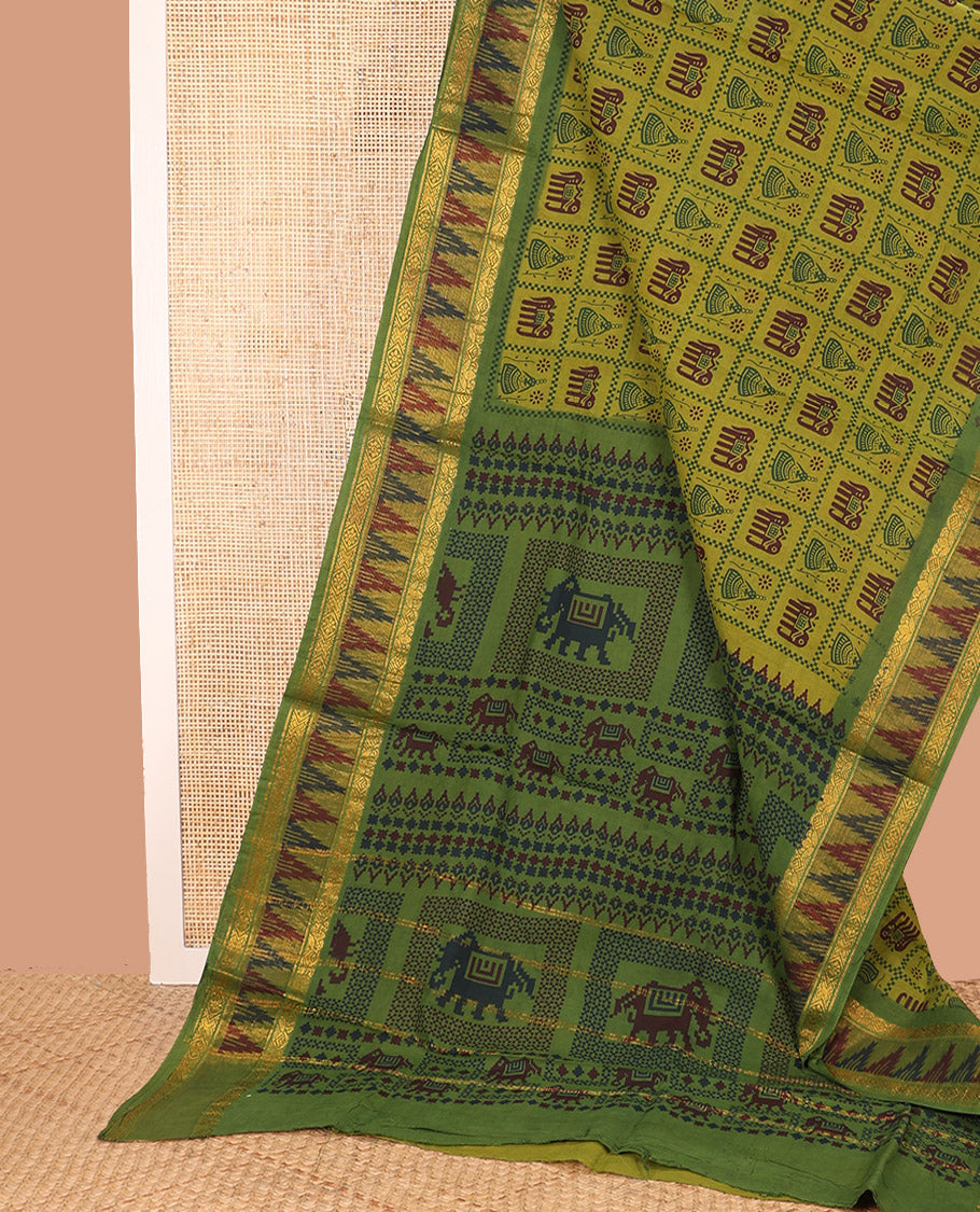 Green Sungudi Cotton Saree Impeccably Printed with Butta Enclosed Checks, Highlighted by Contrast Zari and Print Work Temple Border, and Pallu Printed with Patola Motifs