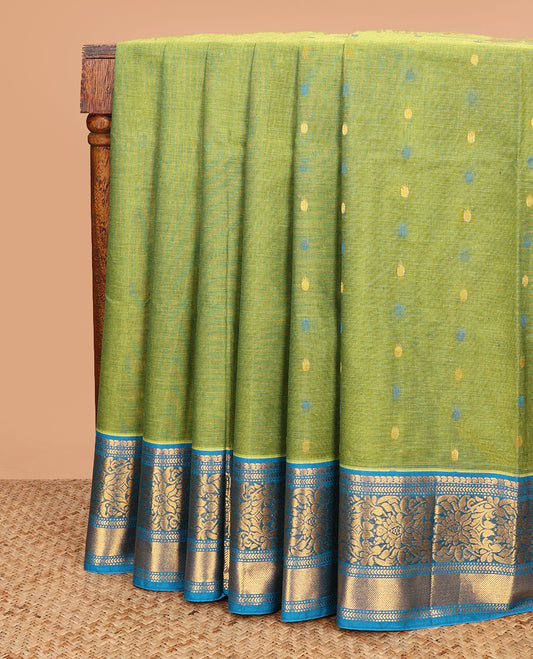 Green thread buttas Venkatagiri cotton saree, contrast zari floral design border, and jaal pallu