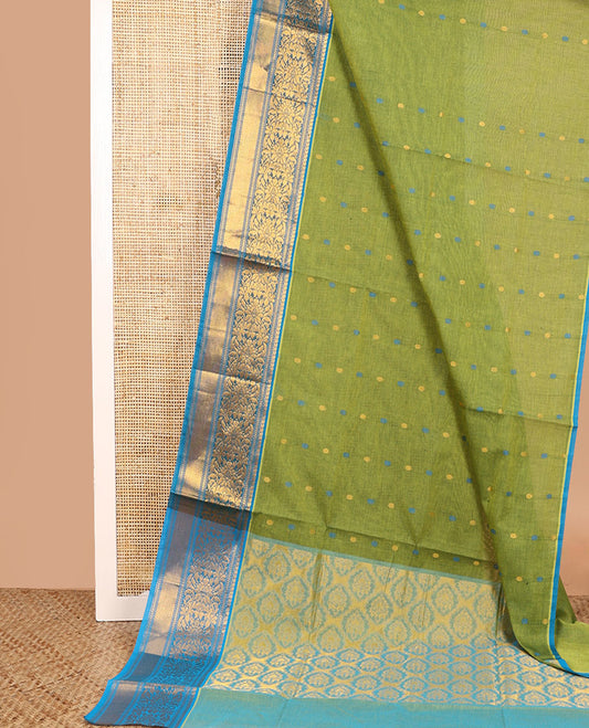 Green thread buttas Venkatagiri cotton saree, contrast zari floral design border, and jaal pallu