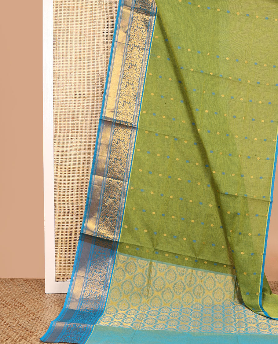 Green thread buttas Venkatagiri cotton saree, contrast zari floral design border, and jaal pallu