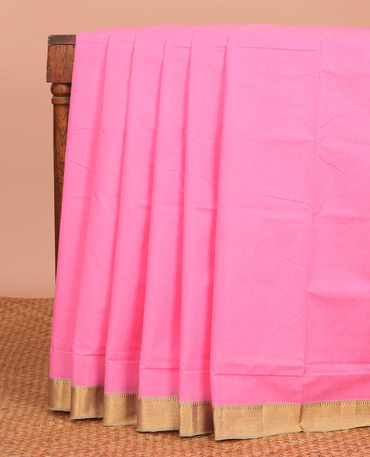 Pink Plain Mangalagiri Cotton Saree, Complemented by Contrast Temple Zari Border, Gleaming Zari Pallu, and Paired with a Matching Blouse