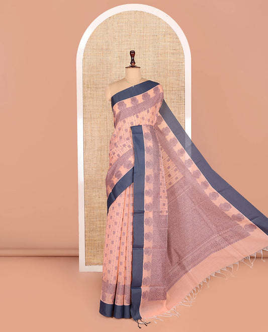 Peach Semi-Silk Cotton Saree, Detailed with Buttas and Stripes All Over Its Body, Complemented by Contrast Border, Pallu of Intricate Designs, and Paired with a Matching Blouse