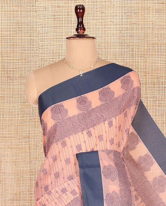 Peach Semi-Silk Cotton Saree, Detailed with Buttas and Stripes All Over Its Body, Complemented by Contrast Border, Pallu of Intricate Designs, and Paired with a Matching Blouse