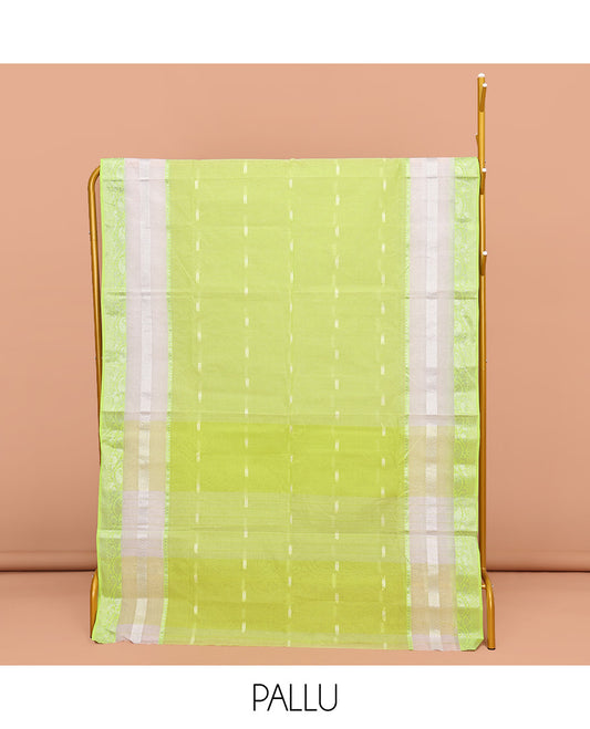 Green Bengal Cotton Saree, Gleamed up with Buttas All Over Its Body, Complemented by a Traditional Zari Design Border, Pallu of Stripes, and Paired with a Matching Blouse
