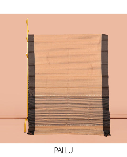 Sandal Striped Semi-Silk Cotton Saree, Complemented by a Contrast Border, Pallu Steeped with Stripes, and Paired with a Matching Blouse