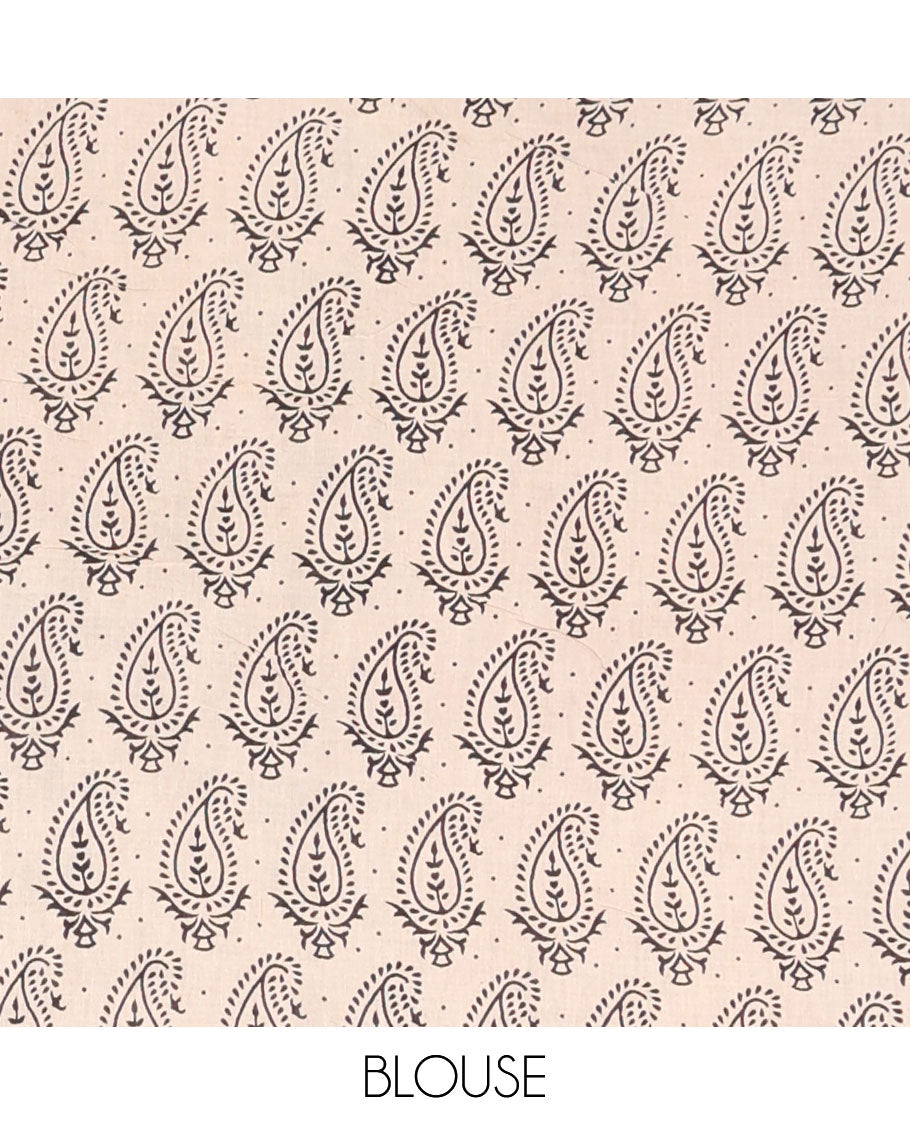 Sandal floral vine machine-printed kalamkari cotton saree, floral- peacock printed border & pallu of peacock-geometric print