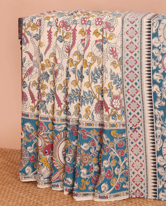 Sandal floral vine machine-printed kalamkari cotton saree, floral- peacock printed border & pallu of peacock-geometric print